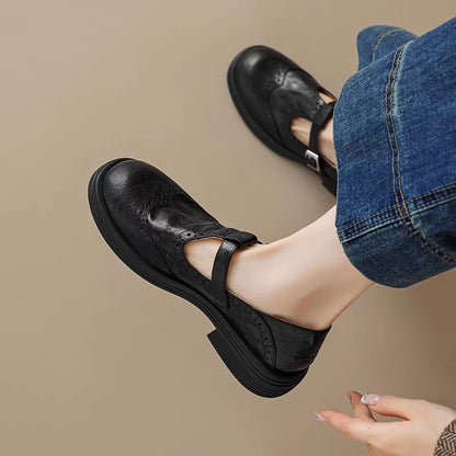 Retro colored fabric block small leather shoes