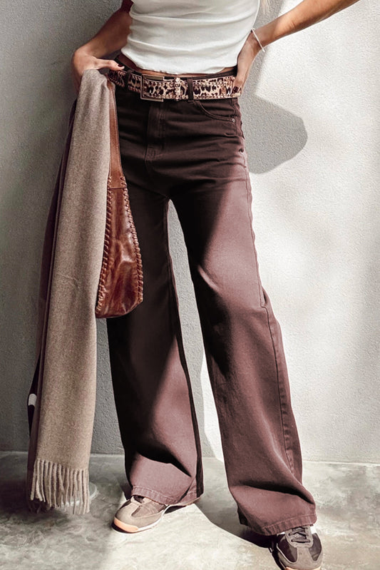 Koffiekleurige losse rechte jeans met hoge taille