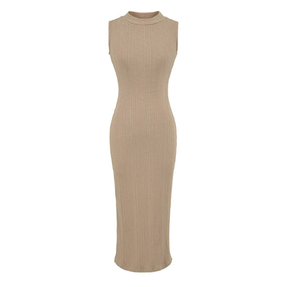Sleeveless Ribbed Knit Dress with Slit