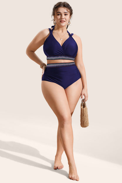 Plus size marineblauwe bikini set met geborduurde bies en strik