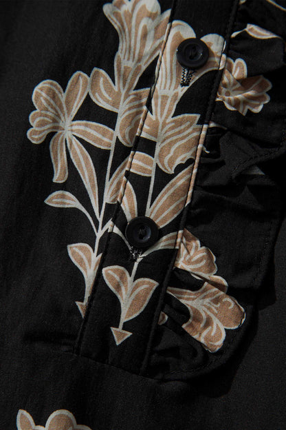 Zwarte maxi-jurk met bloemenprint gegolfde kraag en korte pofmouwen
