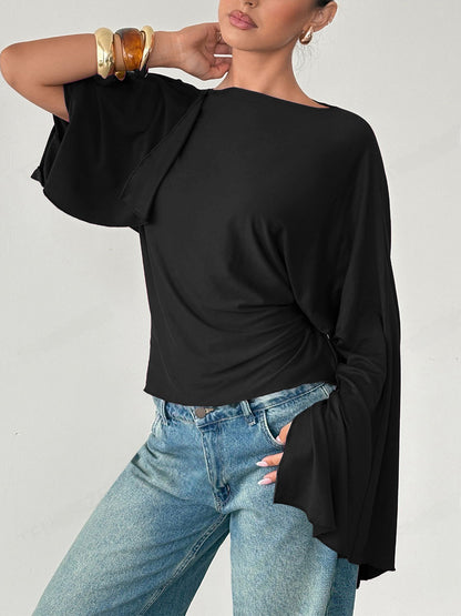 Casual gebreide slim fit top met lange wijde mouwen en strik op de rug
