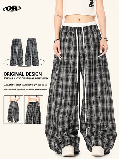 Black White Plaid High Waist Straight Leg Pants
