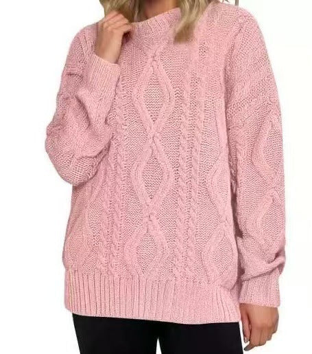 Women Solid Cable Knit Round Neck Pullover Sweater