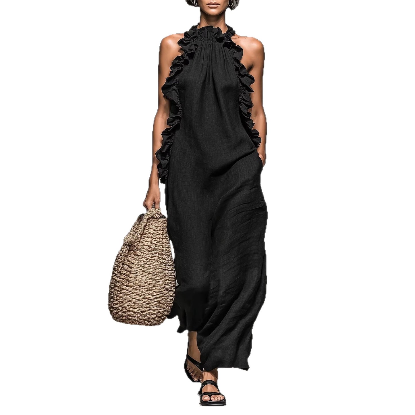 Women Sleeveless Halter Neck Ruffle Dress