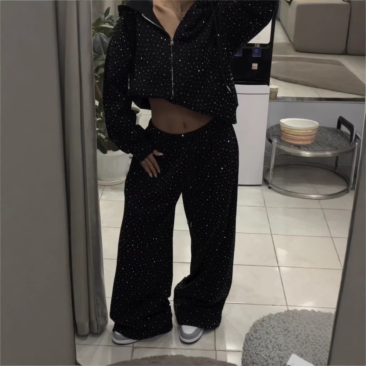 Rhinestone Zipper Hoodie and Wide-Leg Pants