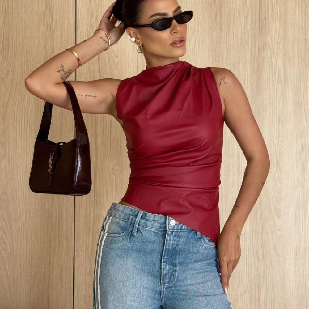 Women's Sleeveless PU Leather Vest Stand Collar Waist-Cinching Irregular Hem Top