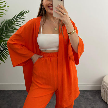 Lange mouwen effen kleur geplooide elastische taille broek tweedelig set