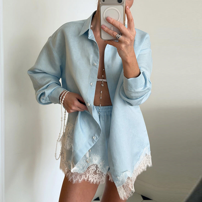 Women's Lapel Collar Blouse and Shorts Set