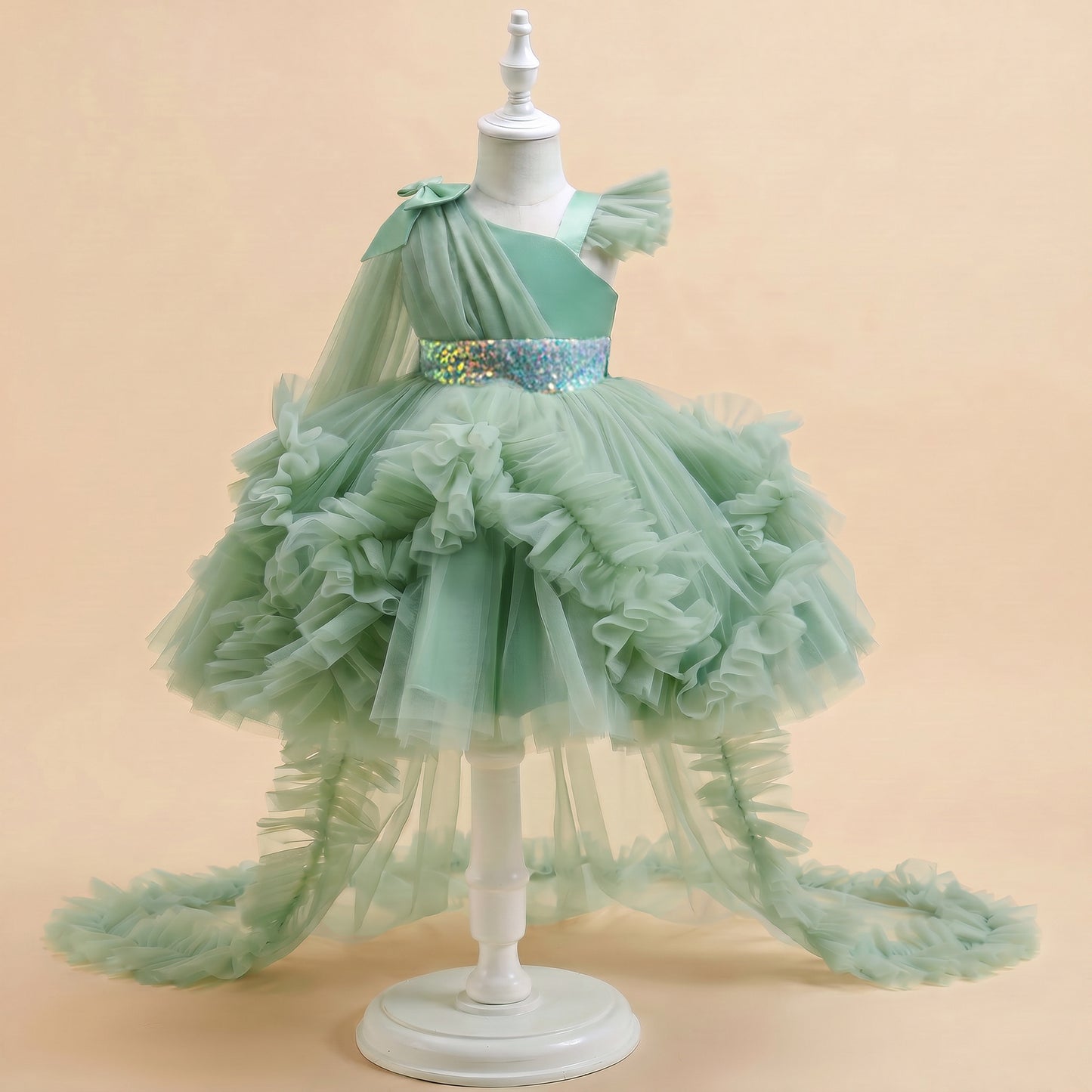 Girls Tulle Princess Dress with Irregular Train and Bow Detail Birthday Party Dress