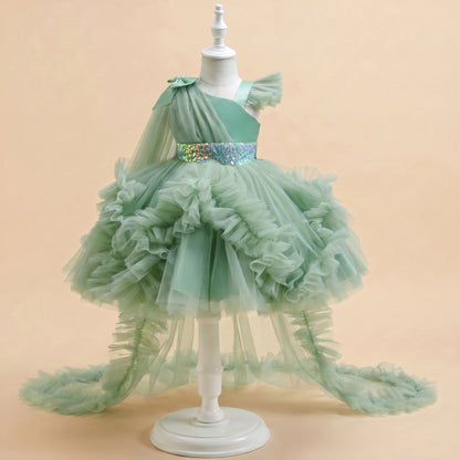 Girls Tulle Princess Dress with Irregular Train and Bow Detail Birthday Party Dress