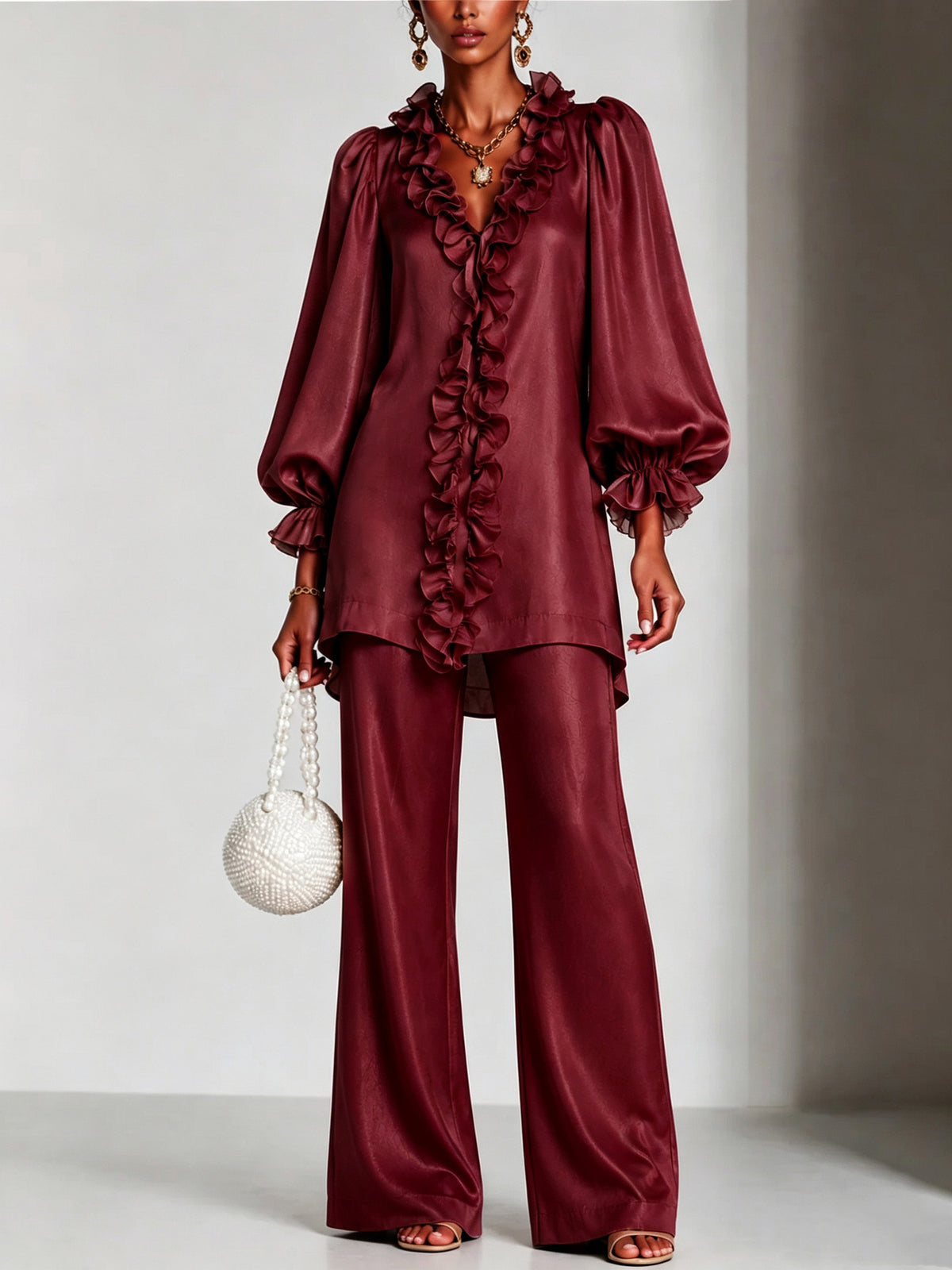 long-sleeve lace V-neck solid color women's clothing