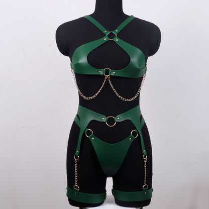 Adjustable PU Leather Bondage Jumpsuit with Chains
