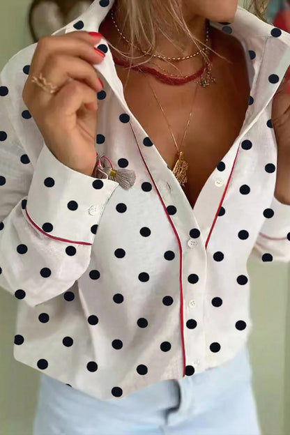 Elegante overhemd met witte stippenprint en contrasterende bies