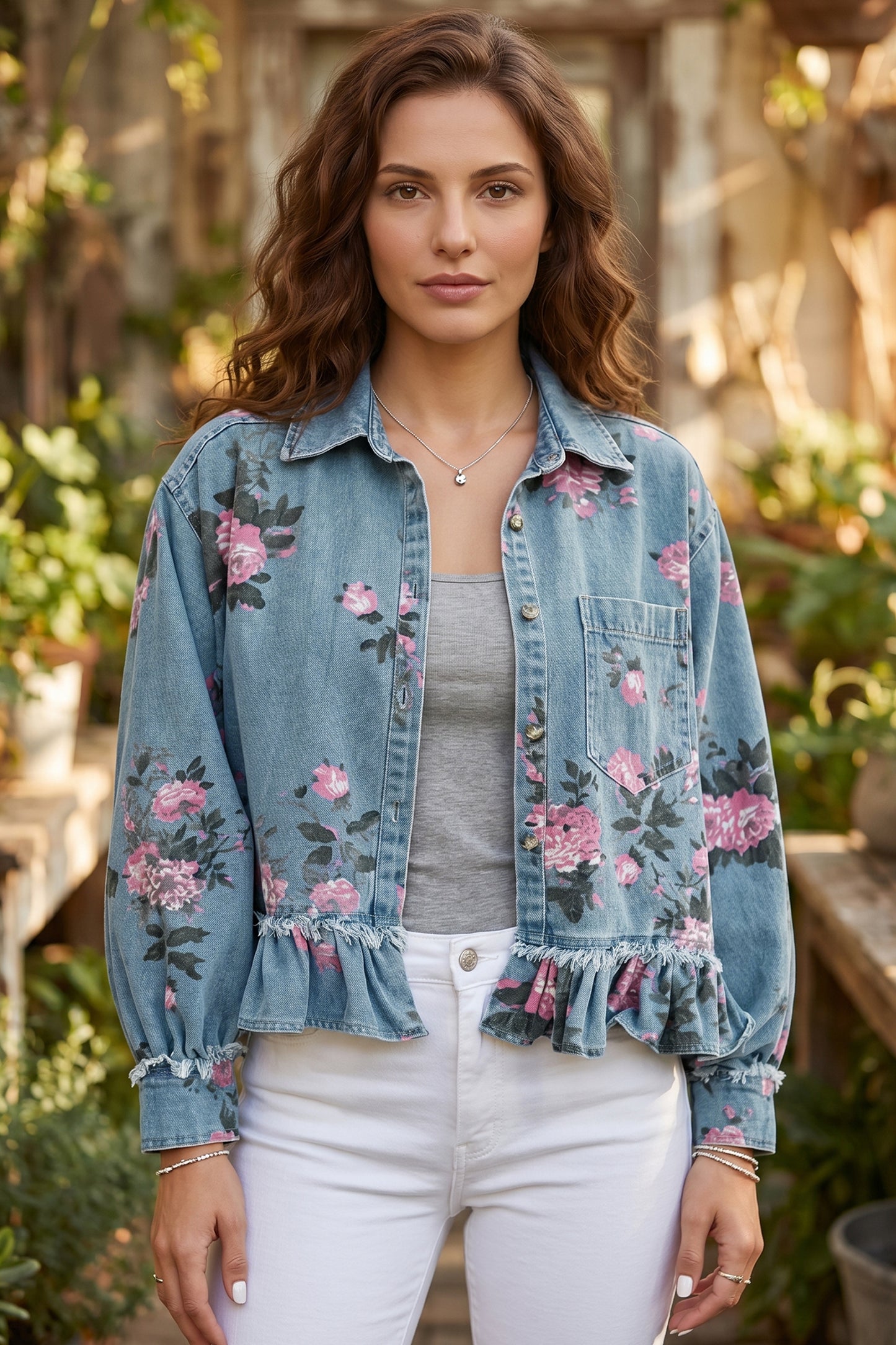 Denimjas met bloemenprint en ruches aan de zoom
