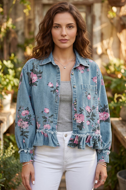 Denimjas met bloemenprint en ruches aan de zoom