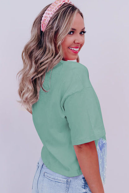 Cropped T-shirt met franjes pailletten en korte mouwen