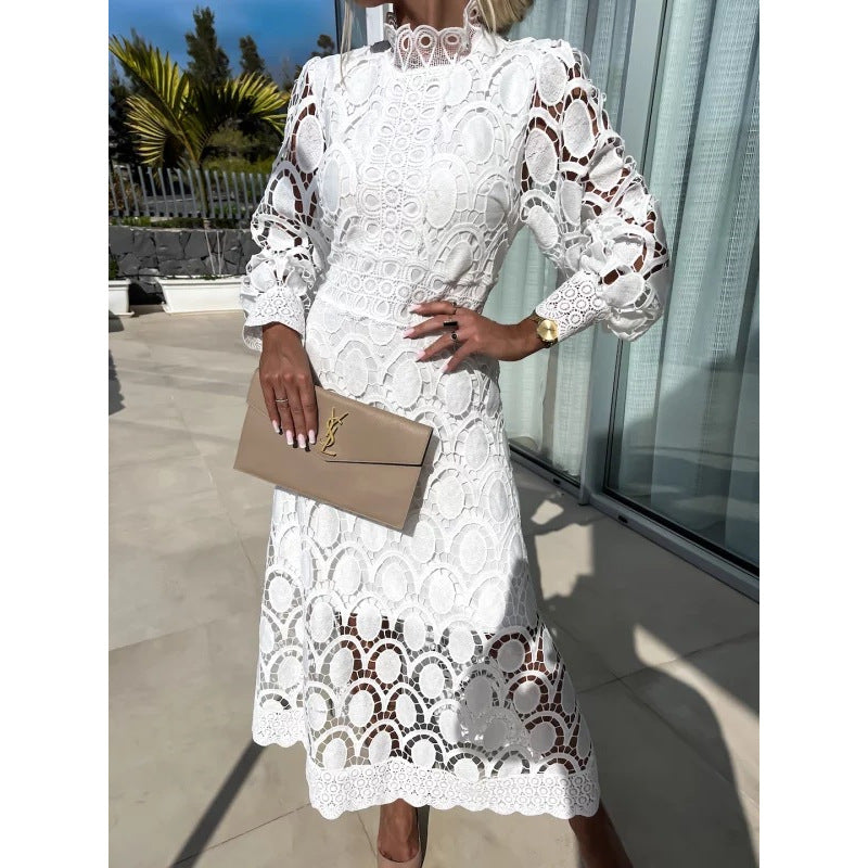 French Style Lace Collar Puff Sleeve Long Dress
