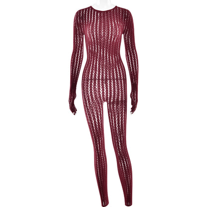 Sexy Striped Jacquard Jumpsuit with Half-Finger Gloves One-piece suit