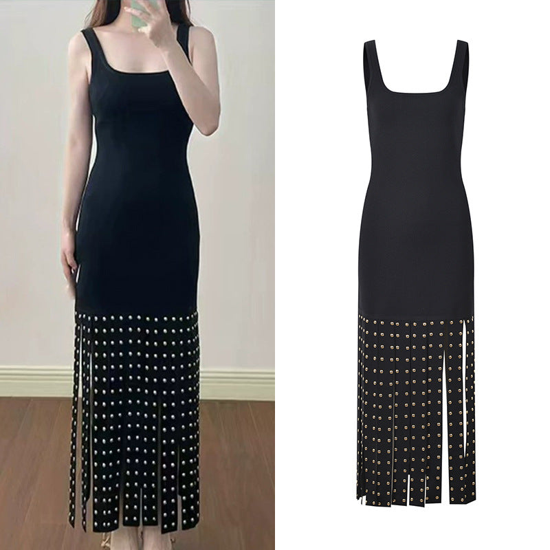 Elegant Black Knitted Tank Dress with Beaded Details