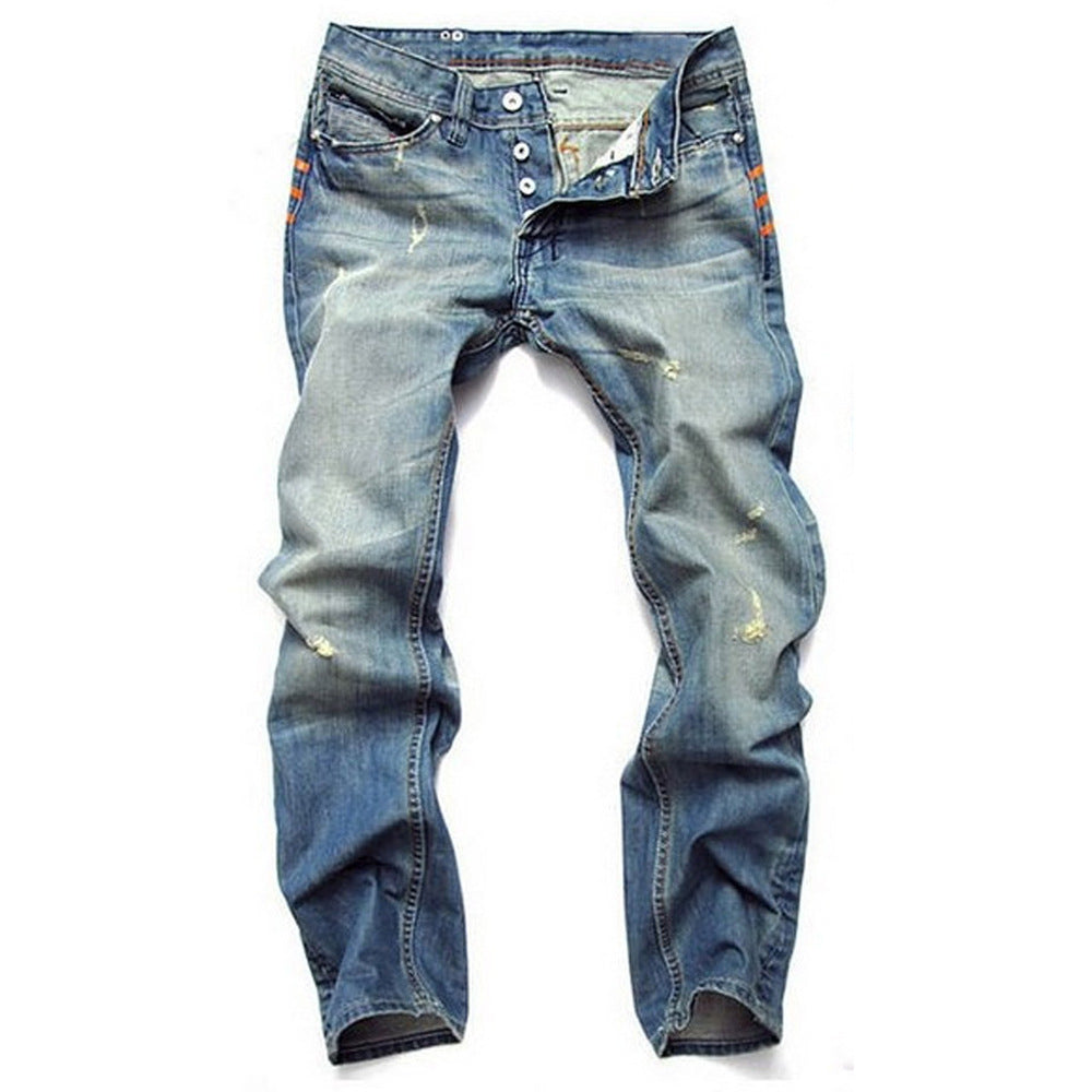 Men's Ripped Light Blue Straight Fit Cotton Blend Jeans