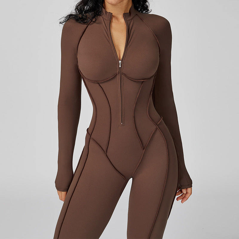 Vertical stripe stand-collar one-piece yoga suit