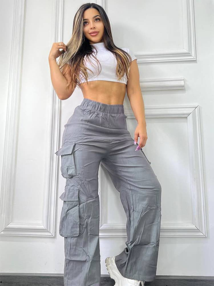 Women High-Waisted Wide-Leg Cargo Pants Multi-Pocket Casual Pants