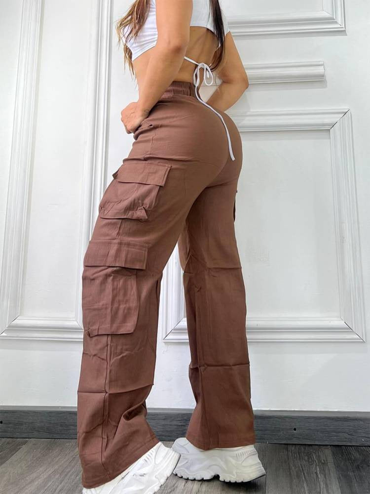Women High-Waisted Wide-Leg Cargo Pants Multi-Pocket Casual Pants