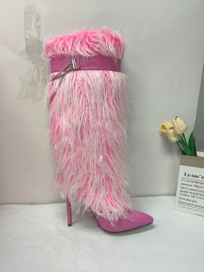 Pointed-toe furry boots high heels