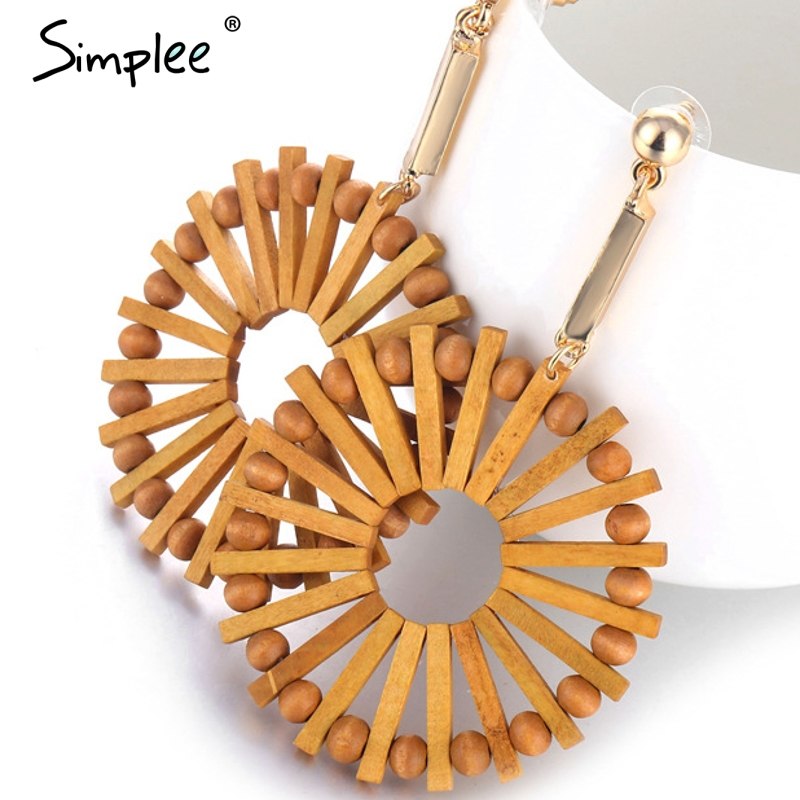 Simplee Boho wood semicircle drop earrings female Vintage handmade women earrings Fashion ethnic ladies accessories jewelry