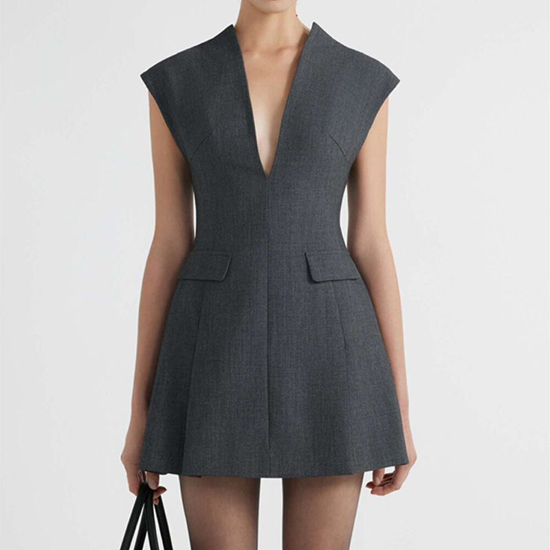 Elegant Solid Color V-Neck Fitted Short A-Line Dress for Women