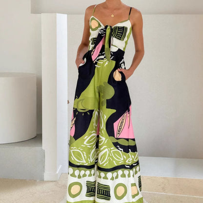 Casual en modieuze jumpsuit met digitale print strik zakken en wijde pijpen