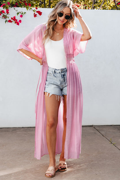 Black Lace Splicing Open Front Maxi Kimono