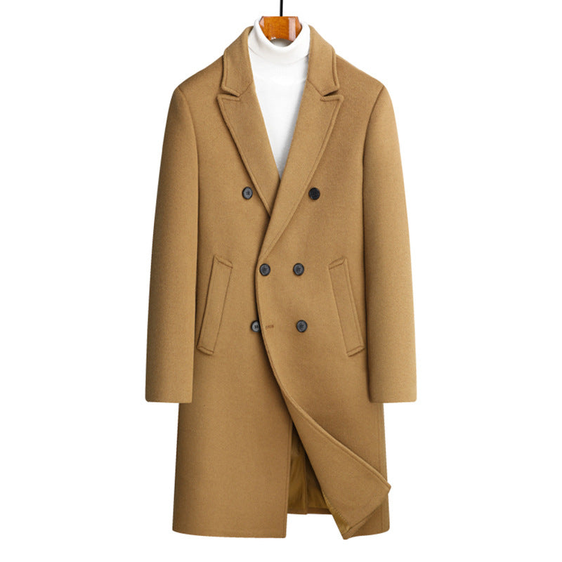 Men Woolen Coat Double Breasted Suit Collar Mid Long Jacket
