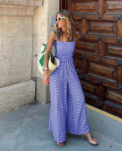Summer Temperament Women's Trousers Plaid Jumpsuit Mid-Waist Casual Pants