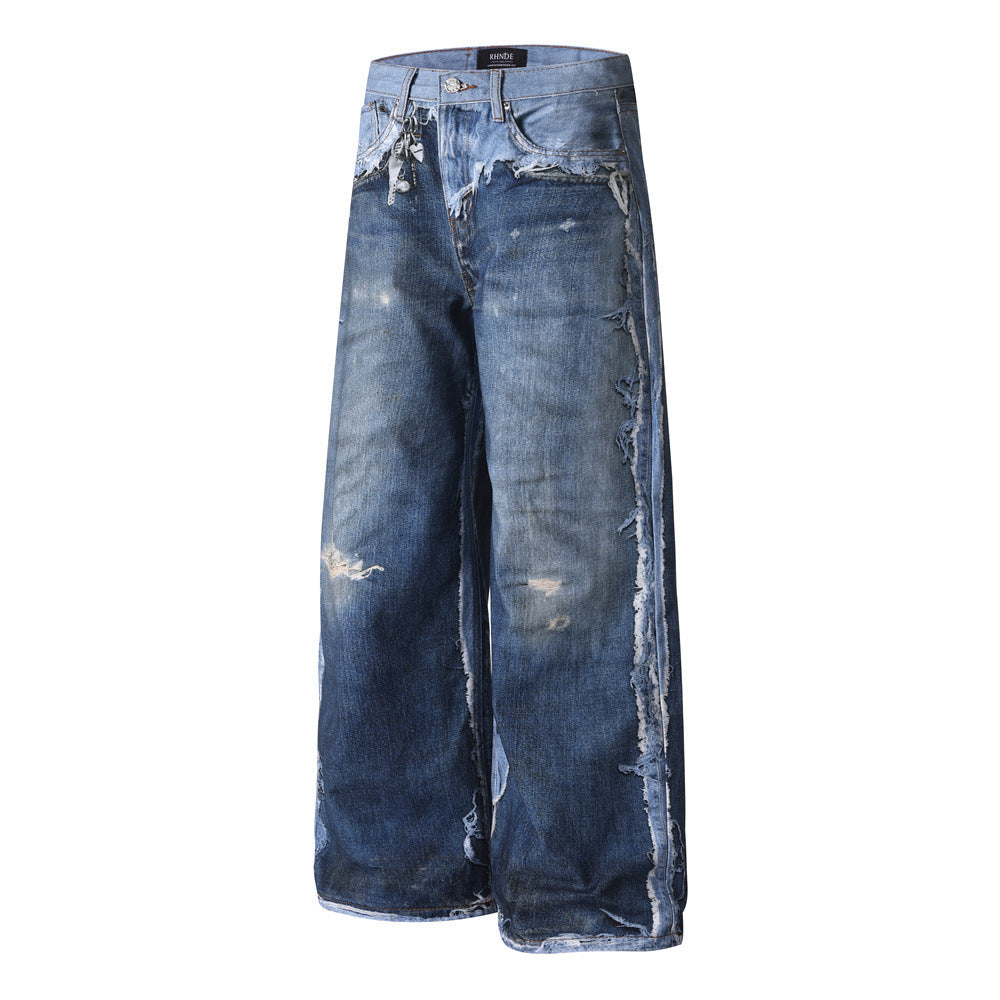 Color blocked digital printed wide leg jeans