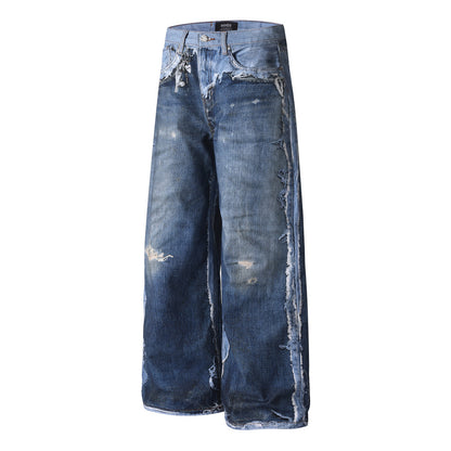 Color blocked digital printed wide leg jeans