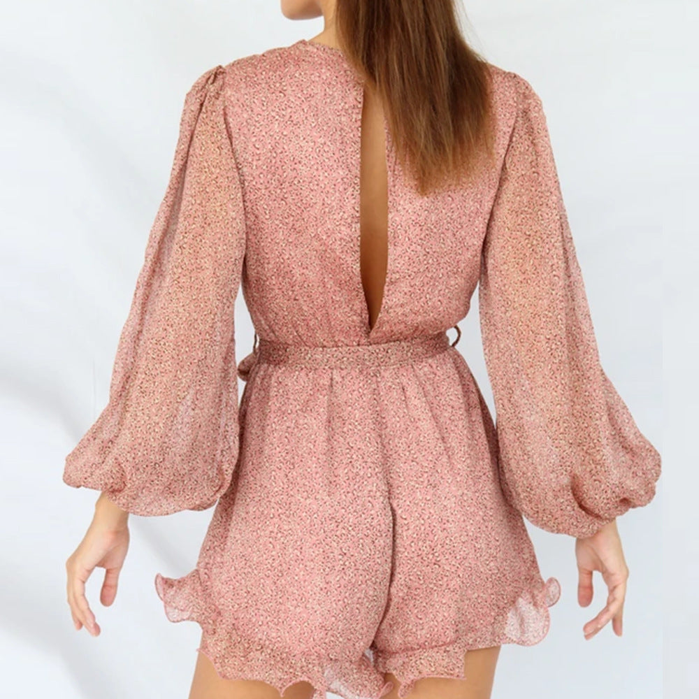 Geplooide jumpsuit met print ruches en pofmouwen