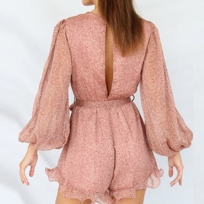 Geplooide jumpsuit met print ruches en pofmouwen