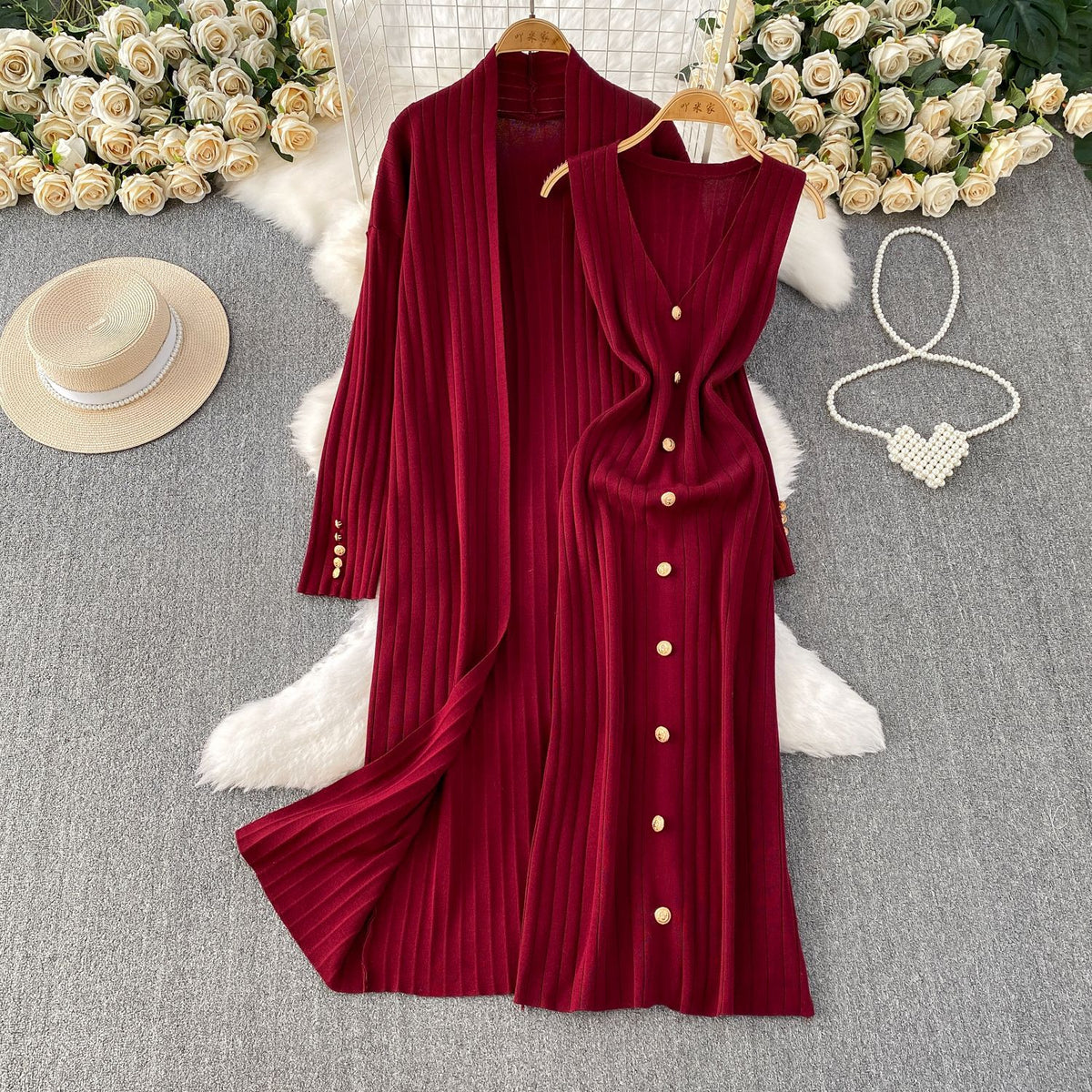 Elegant Knitted Shawl Jacket and Vest Dress Suit