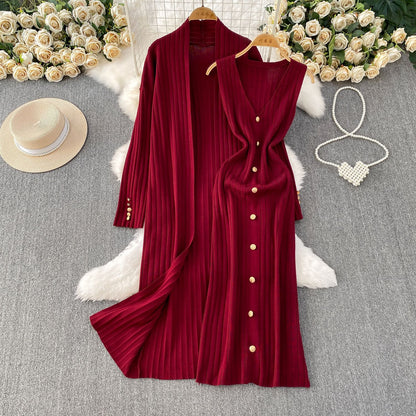 Elegant Knitted Shawl Jacket and Vest Dress Suit