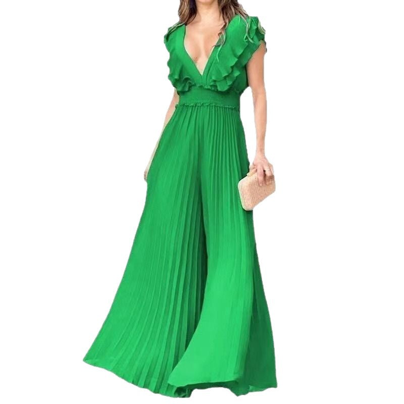 Sexy jumpsuit met V-hals ruches en compressie-effect