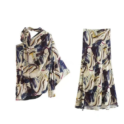 Women Elegant Skiet Sets Summer Fashion Asymmetrical One Shoulder Blouse+Mid-Calf Skirts Casual Street Outwear