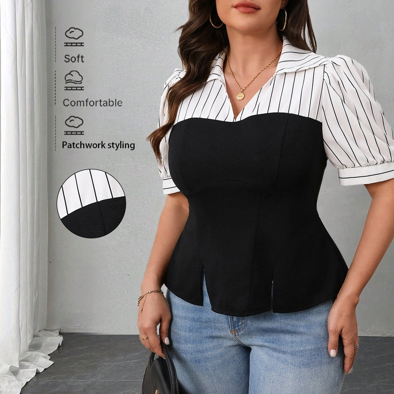 Stijlvolle plus size blouse met strepen en en korte pofmouwen