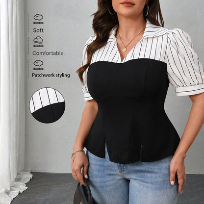 Stijlvolle plus size blouse met strepen en en korte pofmouwen