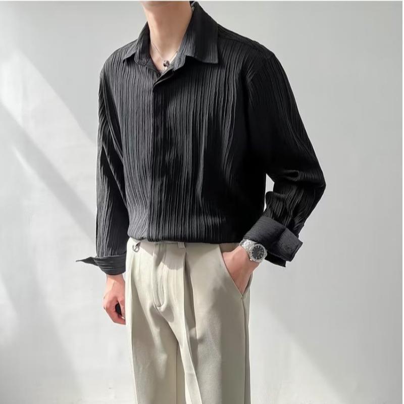 Textured Top Korean Style Loose Casual Long-Sleeved Shirt Men's Fashionable Handsome Striped Non-Ironing Shirt Autumn