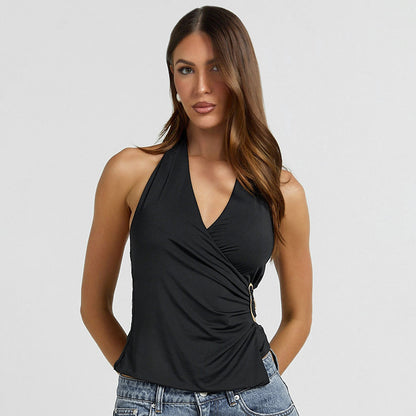 V-hals mouwloze navel geplooide haltertop
