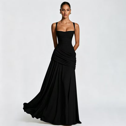 Elegante mouwloze jurk met plooien en wijde rok