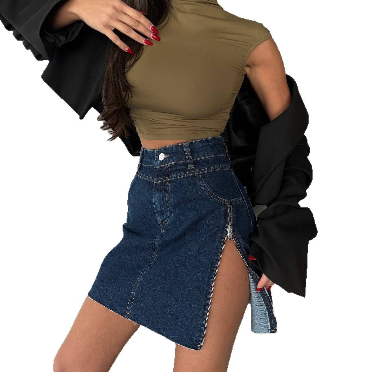 Design rits split denim rok dames