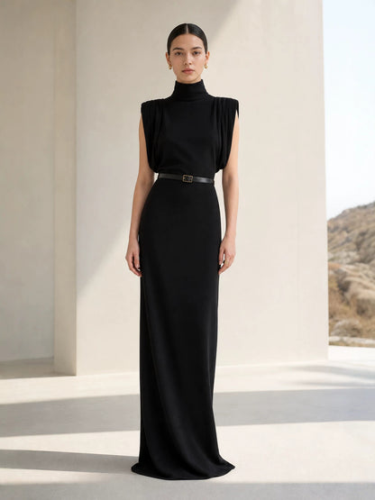 Women's Sleeveless High Neck Evening Party Long Dress with Belt
